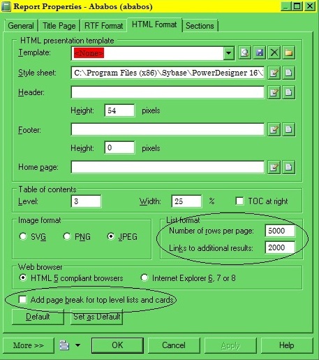 Report properties.